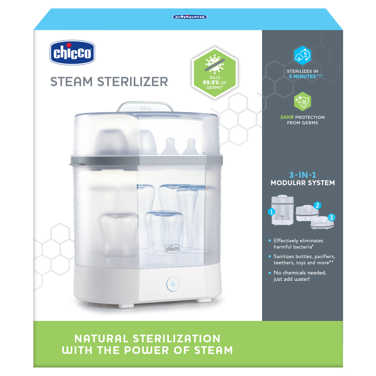 Chicco steam sterilizer packaging with product image and features on a white background