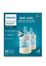 Philips Avent Anti-Colic Baby Bottles with AirFree vent, 4oz twin pack, designed to reduce colic, gas, and reflux for newborn feeding comfort.