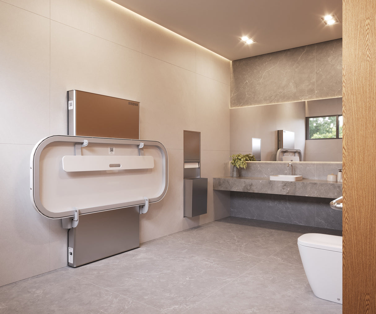 Ascent Universal Changing table closed in a modern bathroom setting