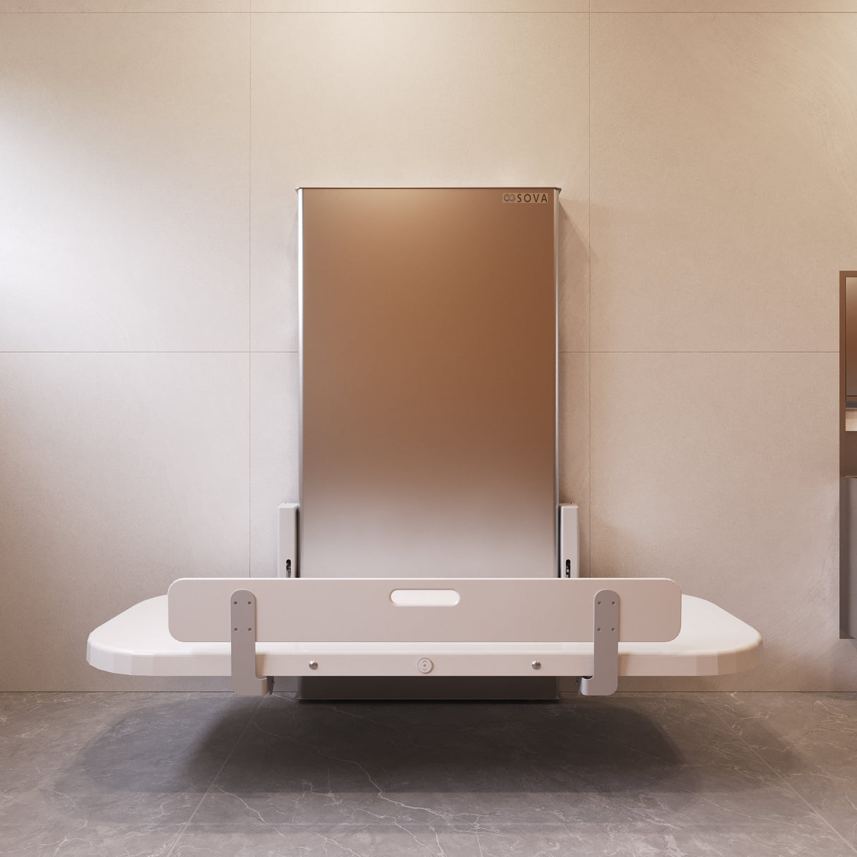 Ault Changing table lift in a bathroom setting with tiled walls and floor.