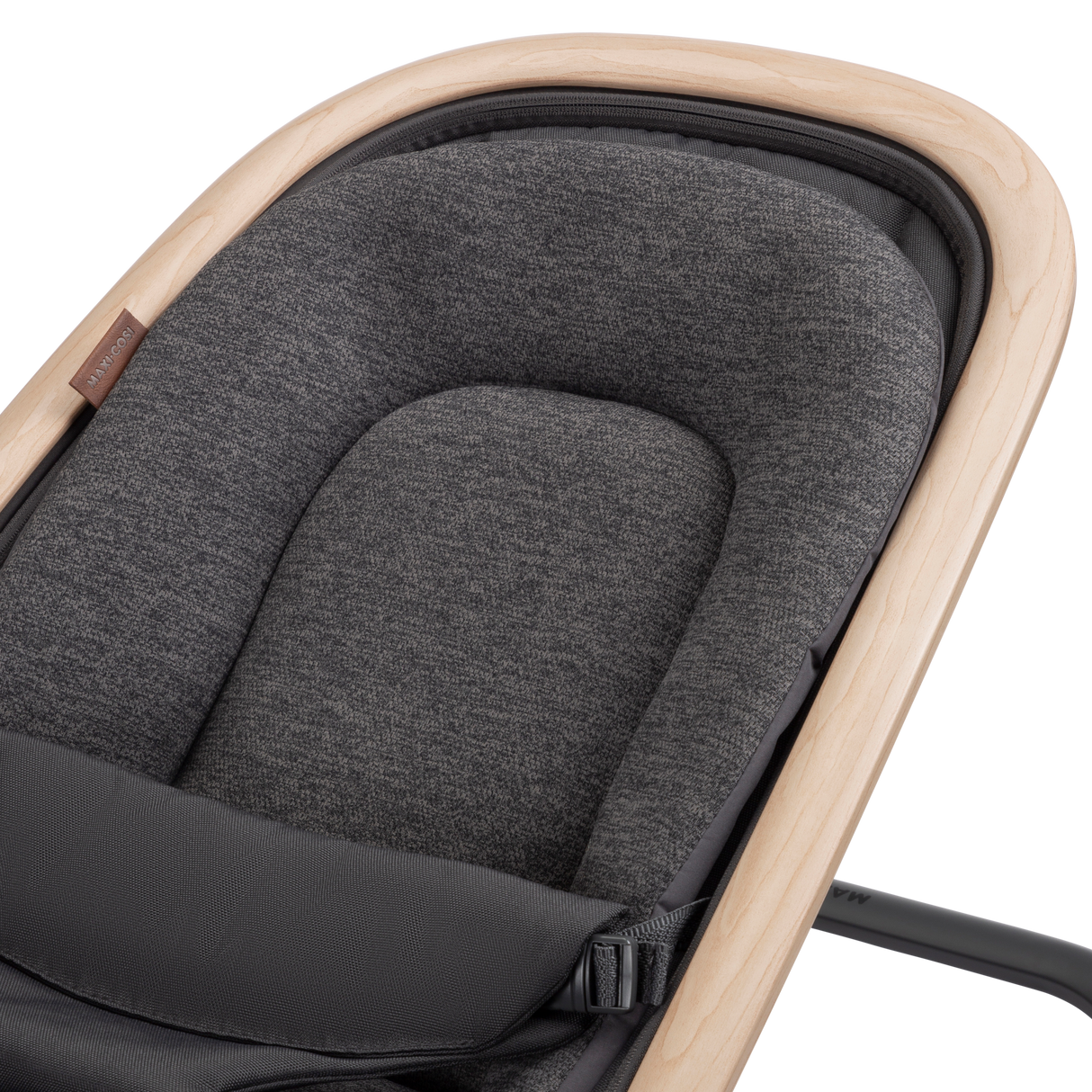Gray cushioned seat in a baby bouncer with beige frame