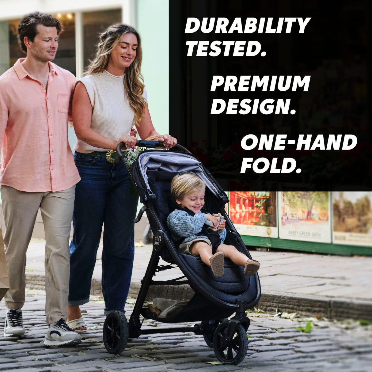 Family with a child in a stroller, with text highlighting durability and design features.