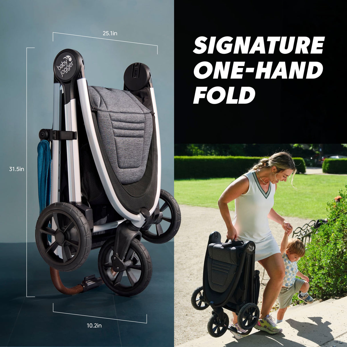 Baby stroller with one-hand fold feature, measurements, and a woman pushing it outdoors.