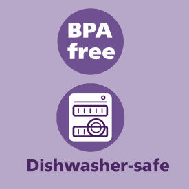 BPA free and dishwasher-safe labels on a purple background