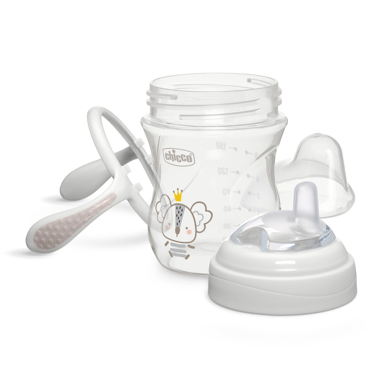 Baby bottle with accessories on a white background
