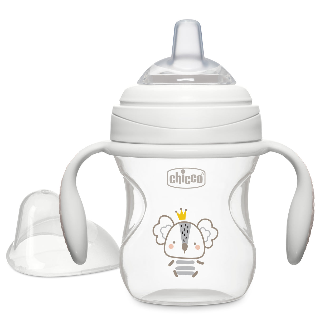 Baby bottle with handles and a design on a white background