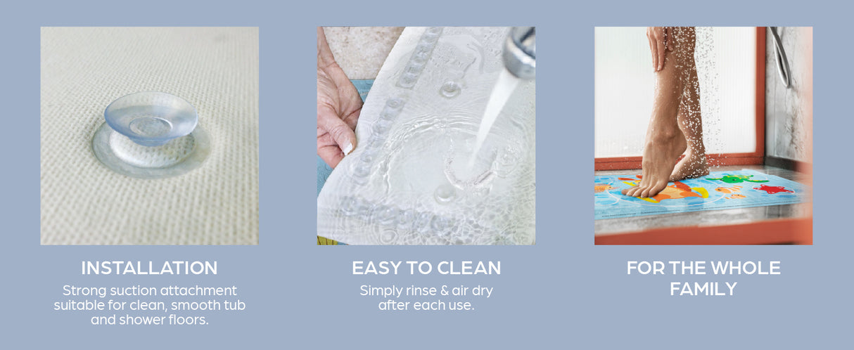 Product features including installation, ease of cleaning, and suitability for the whole family on a blue background.