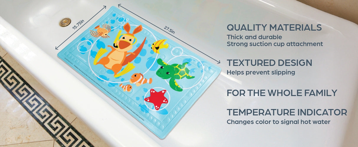 Children's bath mat with cartoon characters on a tiled bathroom floor, featuring text about product features.