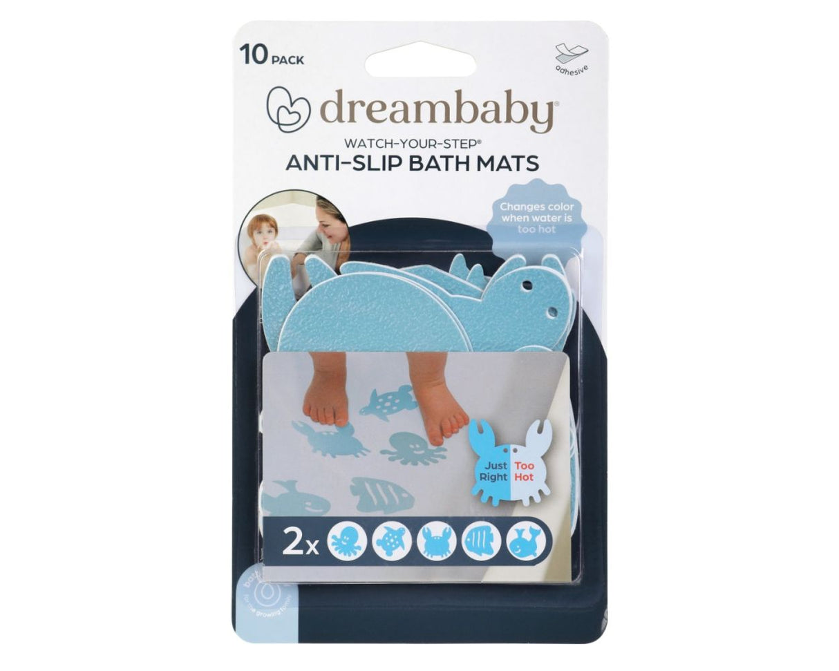 Packaging of dreambaby anti-slip bath mats with dinosaur design on a white background