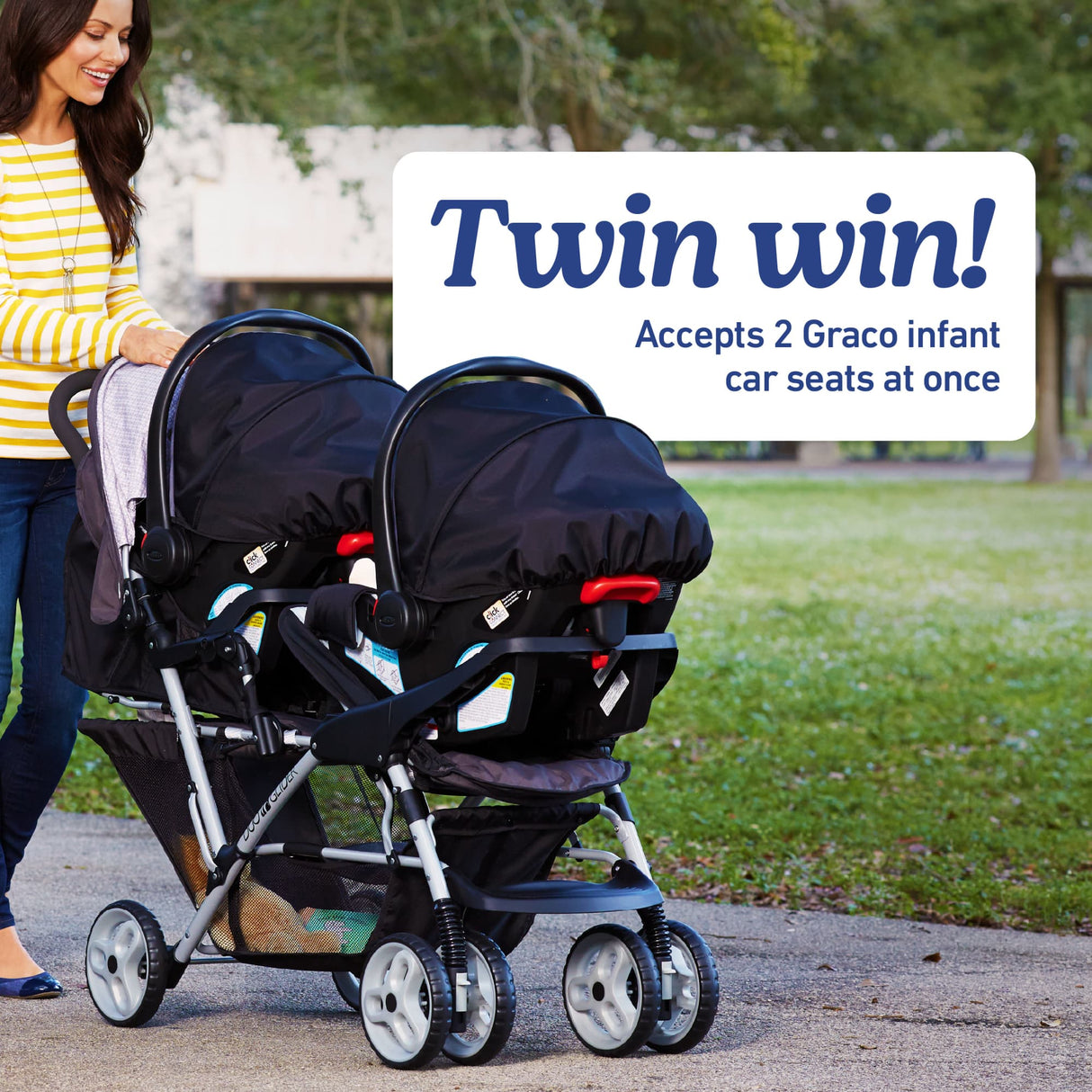 Twin stroller with text 'Twin win! Accepts 2 Graco infant car seats at once' in a park setting.
