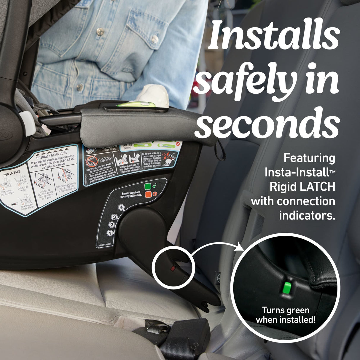 Car seat installation with text indicating safe installation and features of Insta-Install Rigid LATCH system.