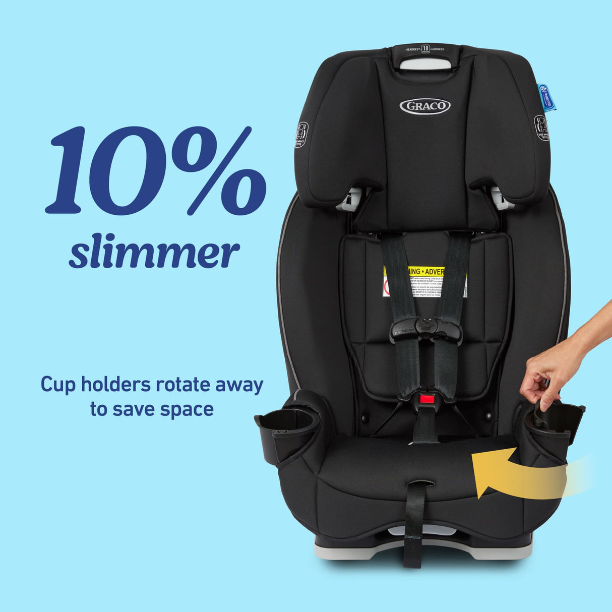 Black Graco car seat with cup holders rotating away on a blue background