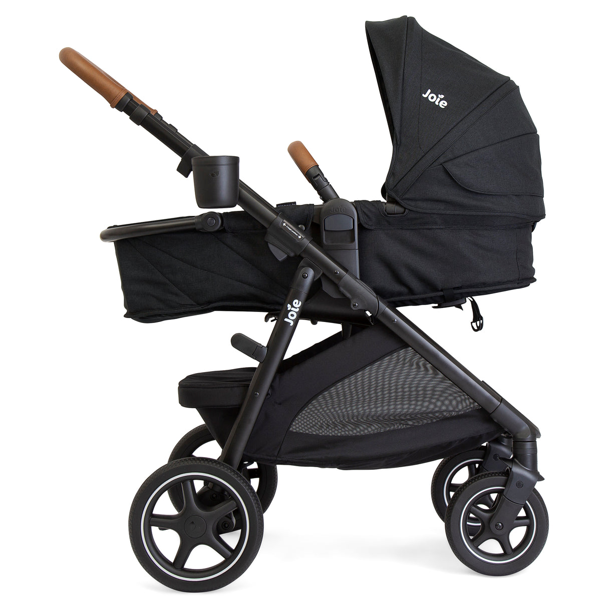Black stroller with wooden handles on a white background