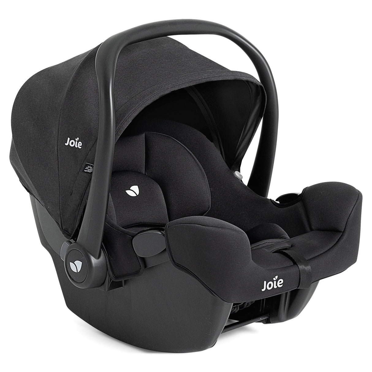 Black baby car seat with 'Joie' branding on a white background