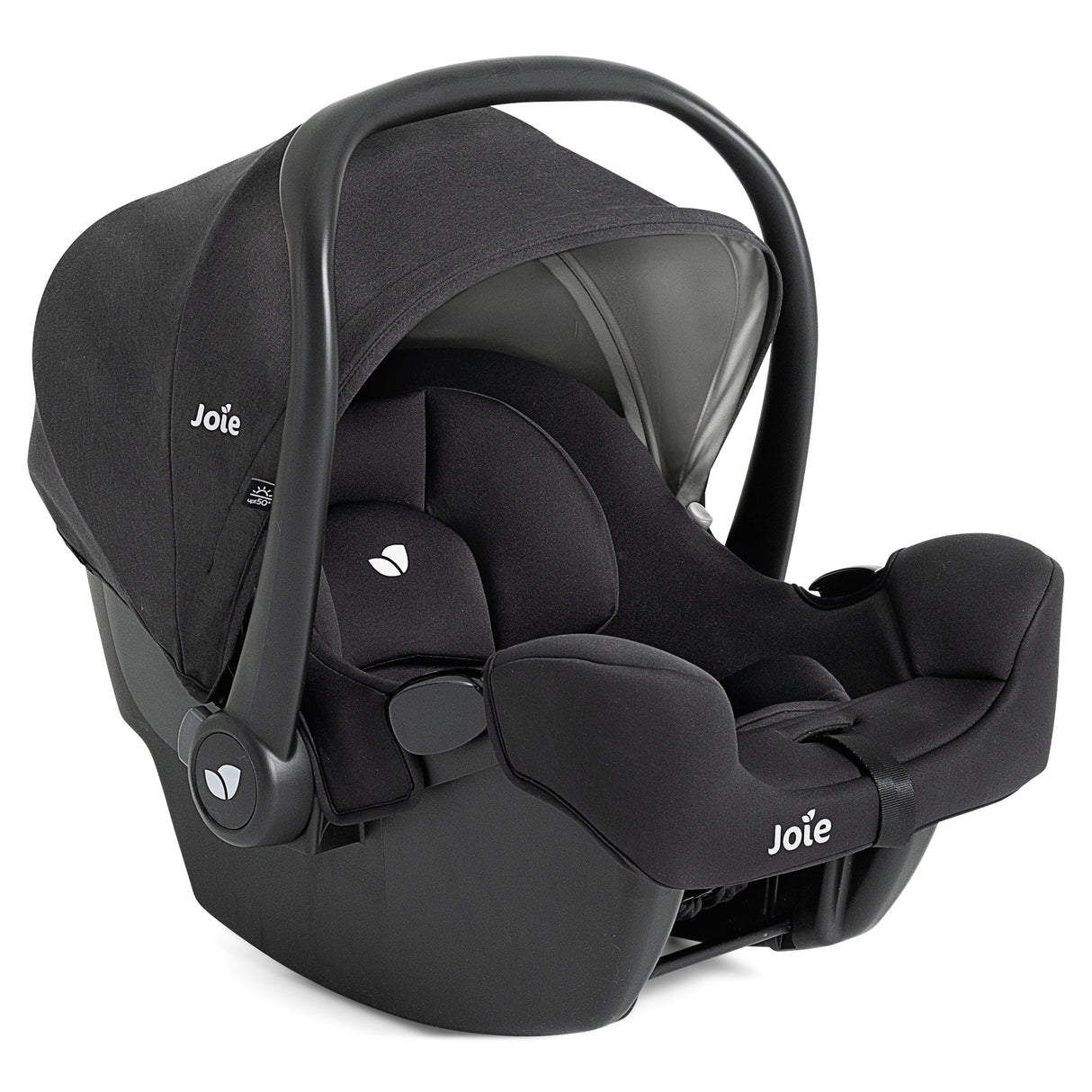 Black car seat with 'Joie' branding on a white background