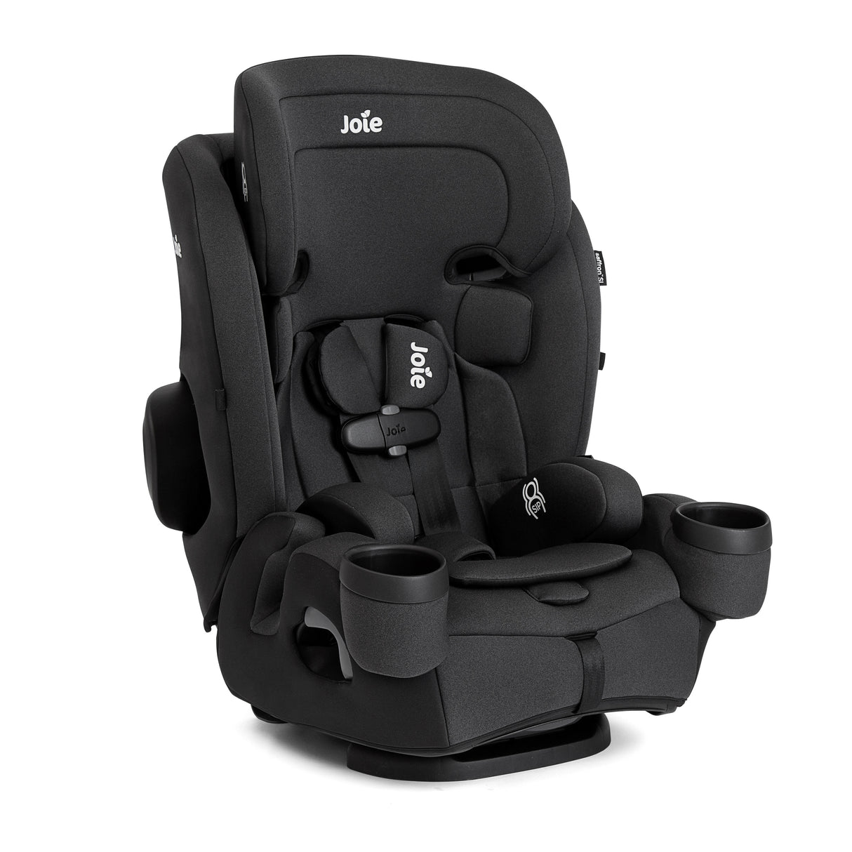 Black car seat with Joie branding on a white background