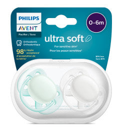 Philips Avent ultra soft pacifiers in packaging on a white background
