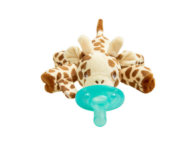Plush giraffe toy with a teal pacifier on a white background