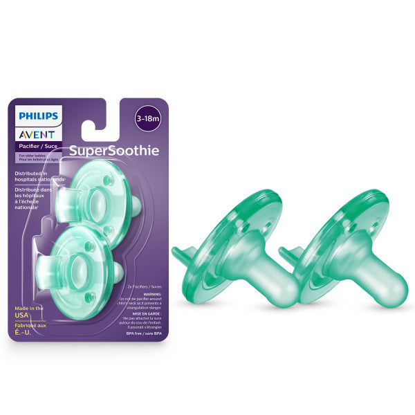 Philips Avent SuperSoothie pacifiers with packaging on a white background