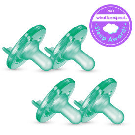 Two green pacifiers on a white background with a 'What to Expect' award badge.