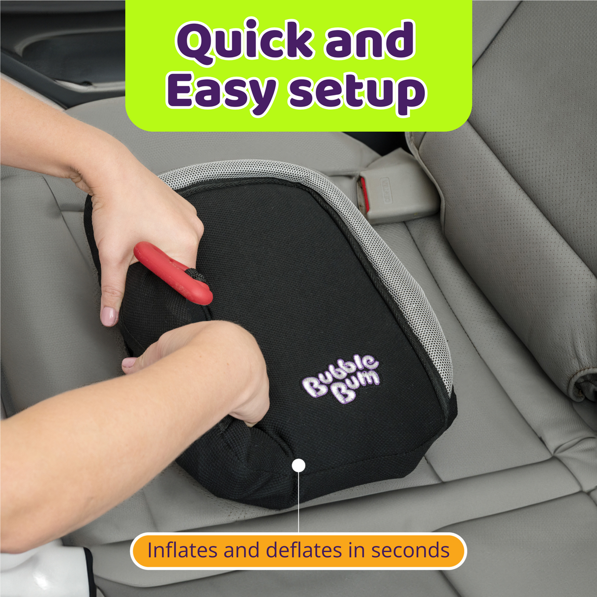 Person inflating a black seat cushion with 'Bubble Gum' branding on a car seat.