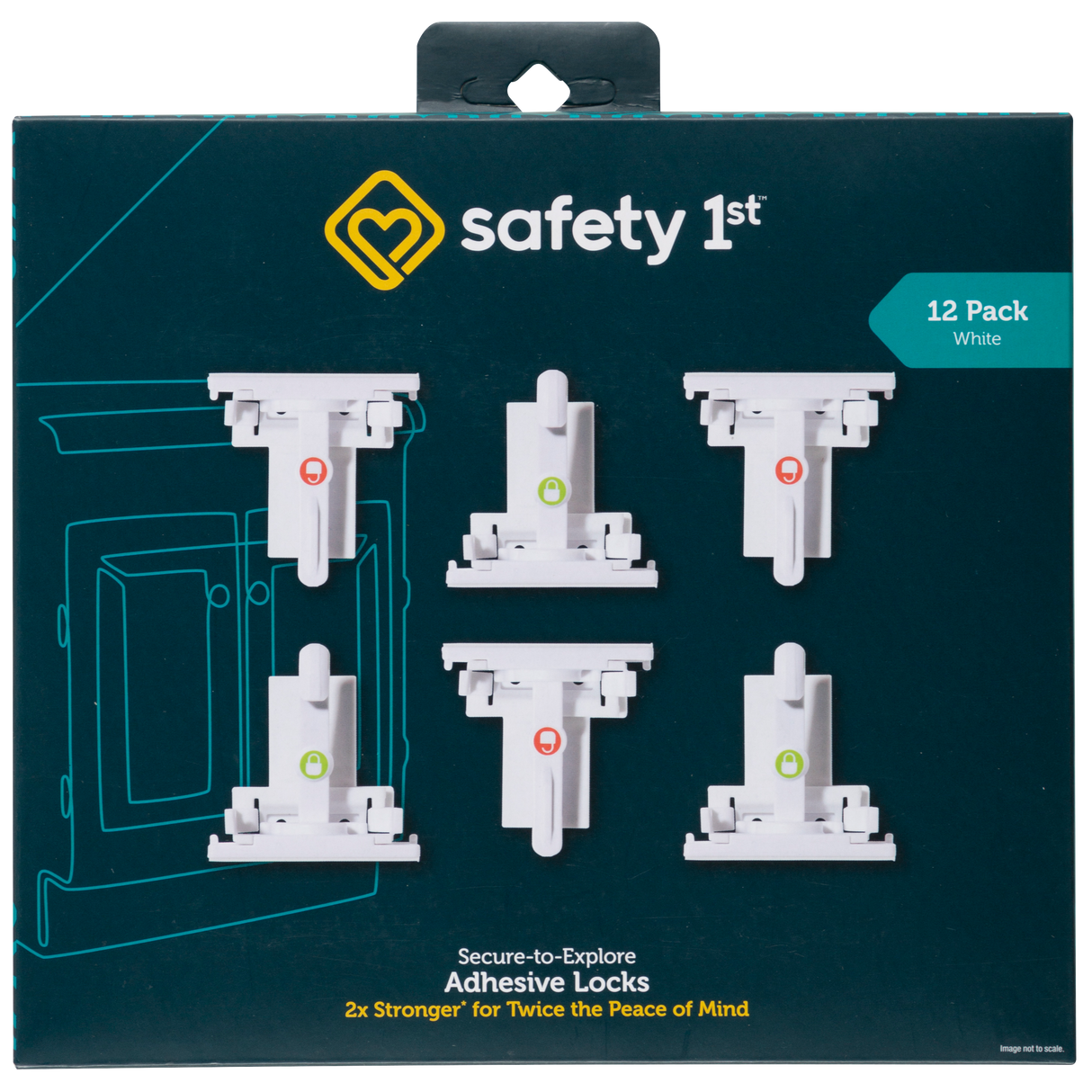Packaging of Safety 1st adhesive locks with six locks displayed on a dark background.