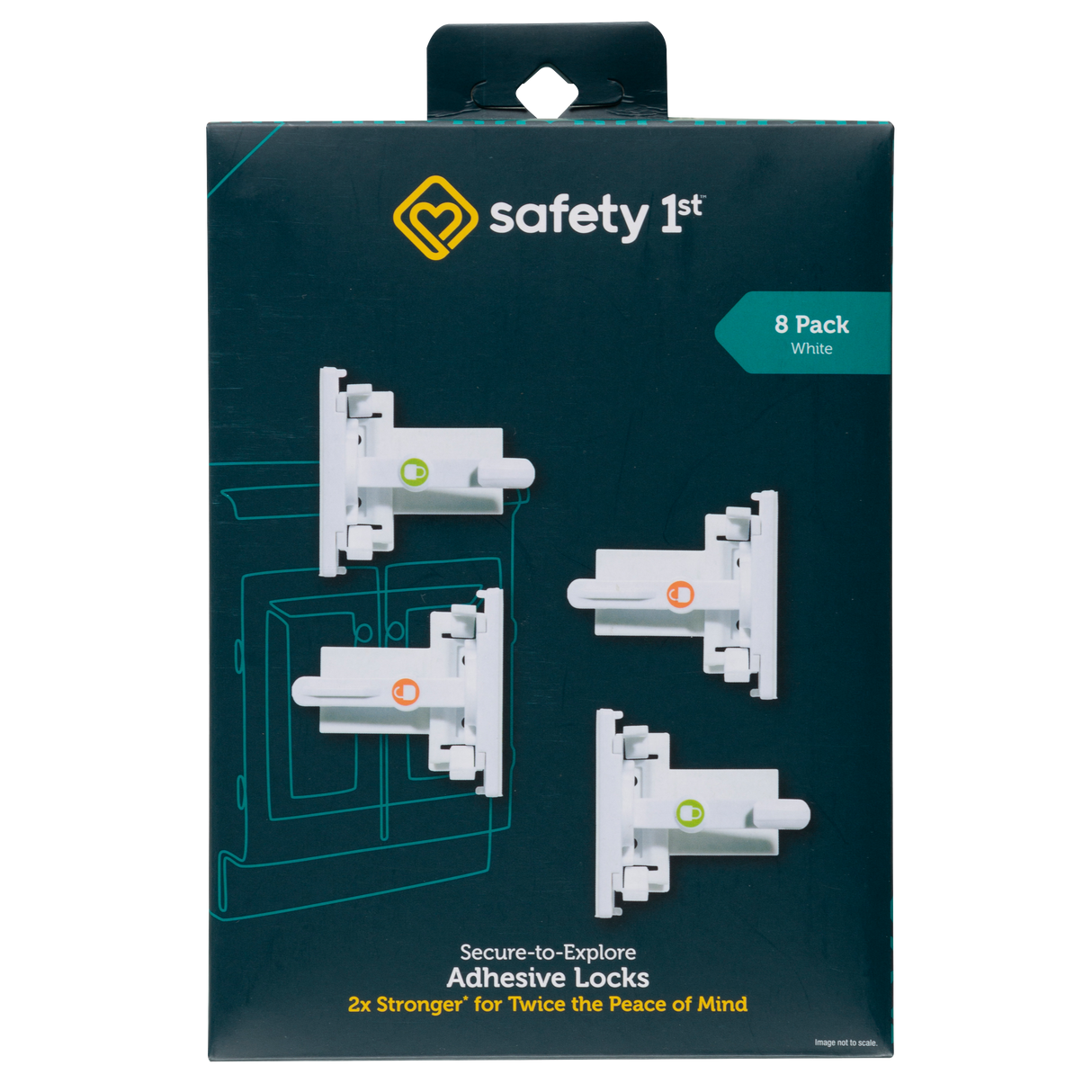 Packaging of Safety 1st adhesive locks with product images on a dark background