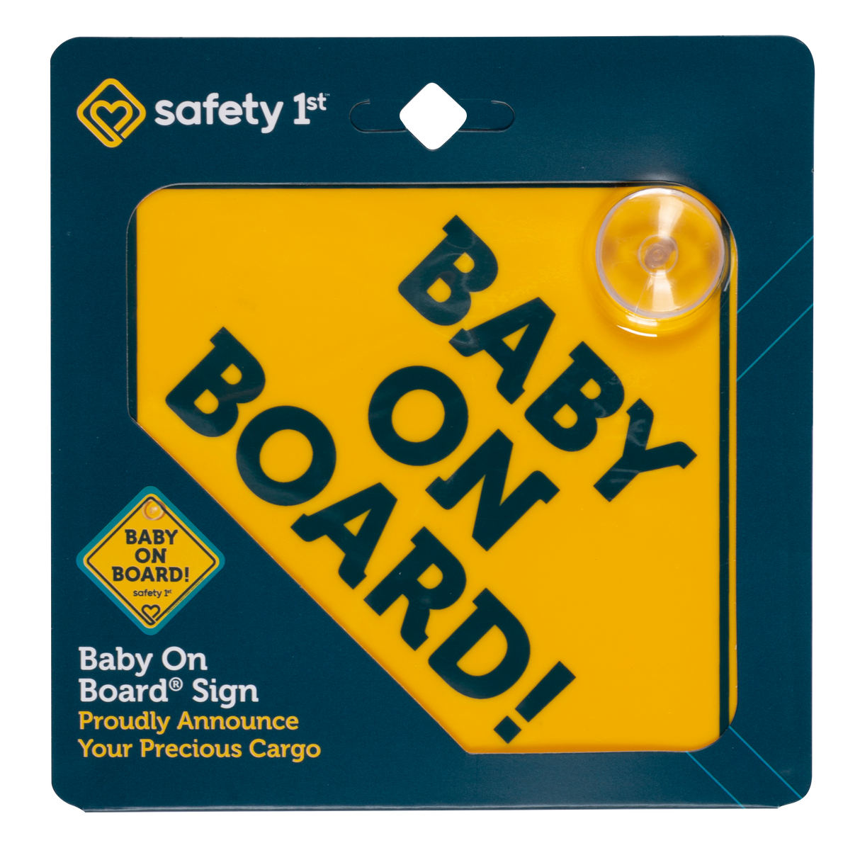 Baby on Board sign with yellow background and black text, displayed in packaging.