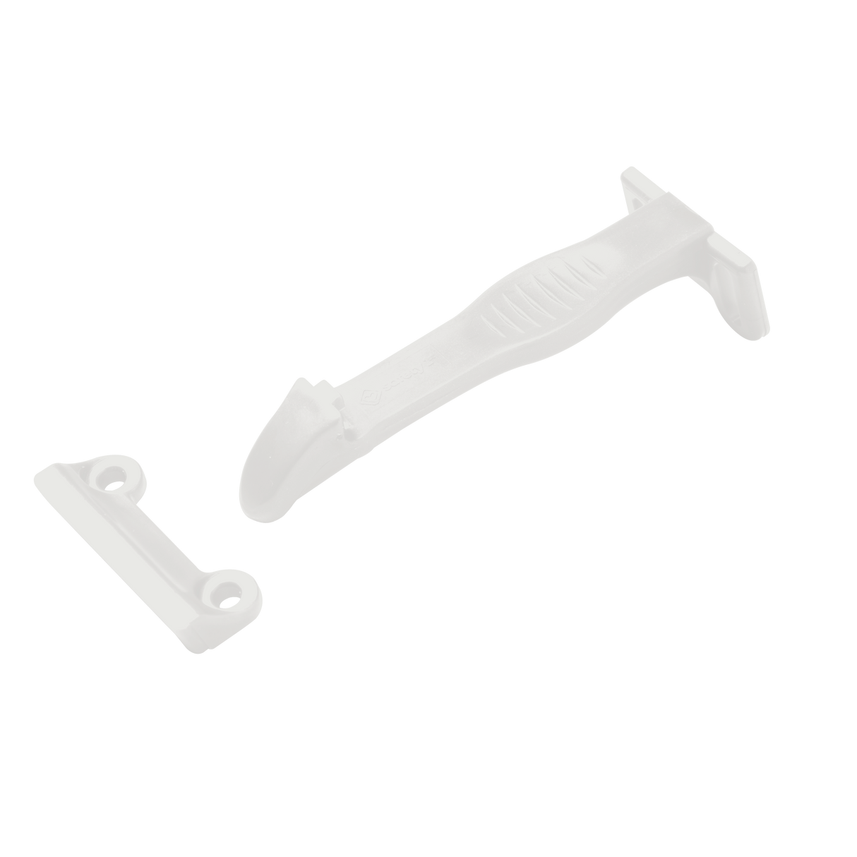 White plastic drawer latch on a white background