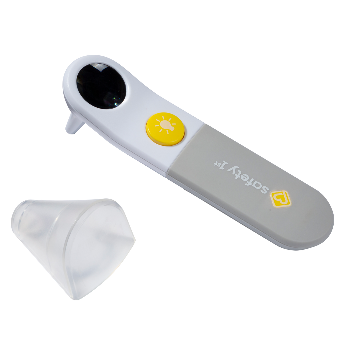 White otoscope with yellow button on a white background