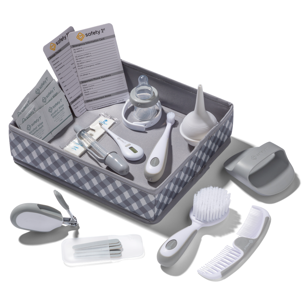 Baby care product set with various items in a checkered box on a white background