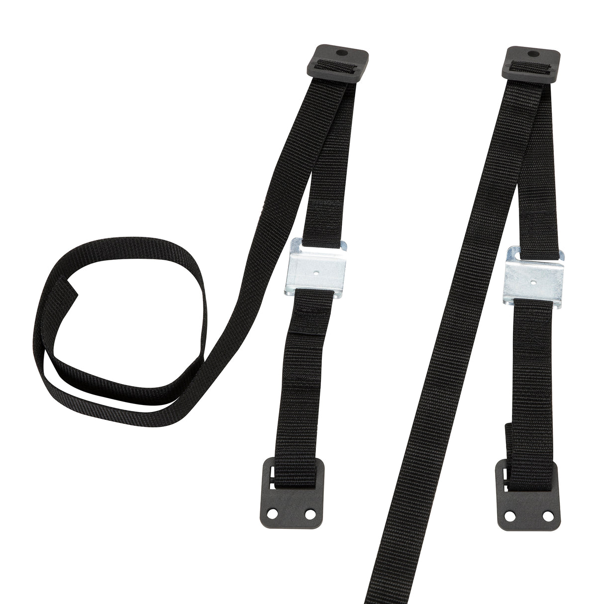 Two black straps with metal brackets on a white background