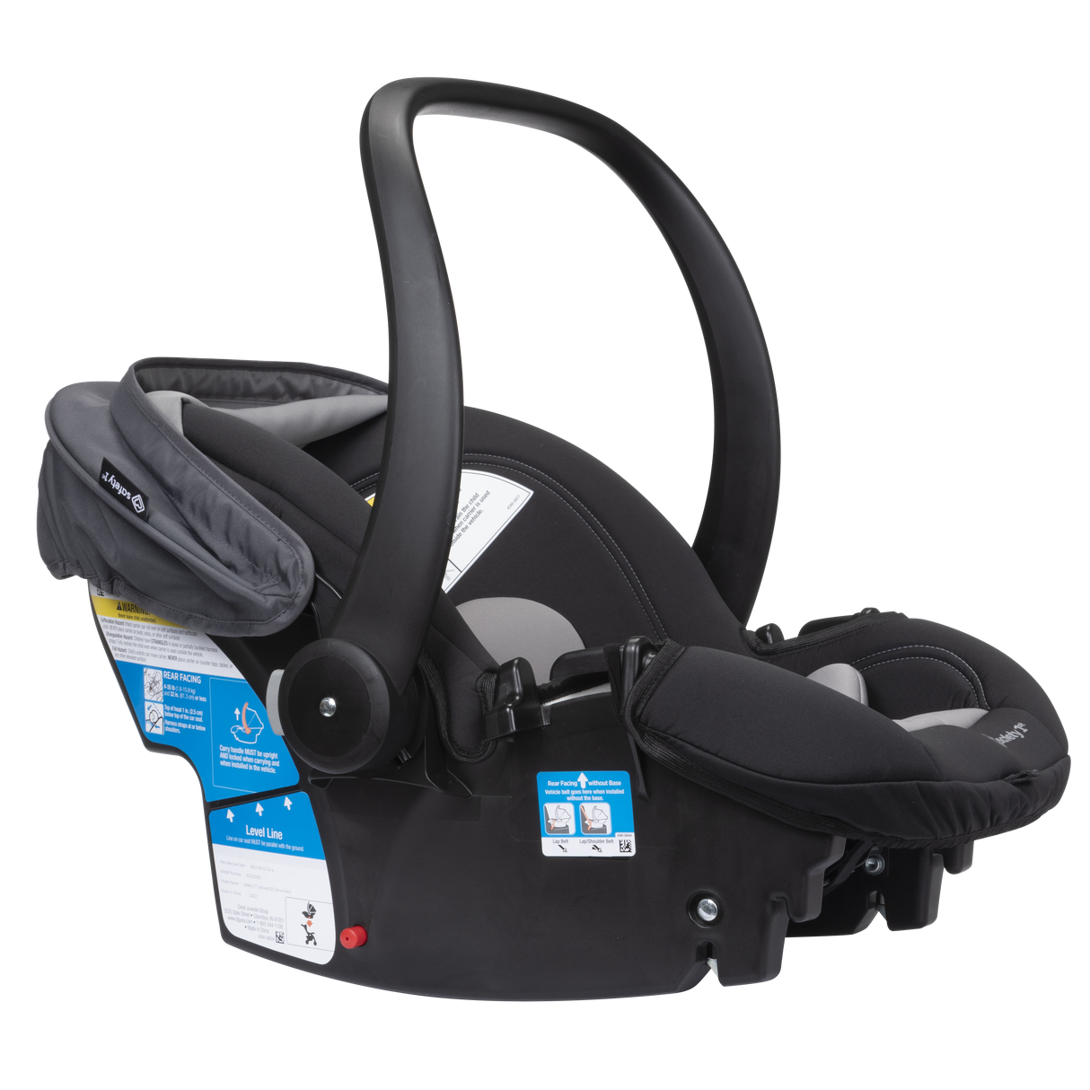 Black baby car seat with safety labels on a white background