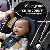 Close up image of a baby sitting in a Graco SnugRide Lite XL Infant Car Seat with text graphics reading "Keep your cutie comfy With infant supports."