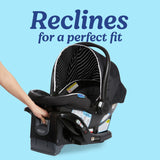 A graphic image featuring the Graco SnugRide Lite LX Infant Car Seat on a light blue background and an arm reaching for the car seat base and text reading "Reclines for a perfect fit."