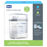 Chicco steam sterilizer packaging with product image and features on a white background