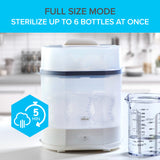 Bottle sterilizer with text indicating it can sterilize up to 6 bottles at once, set against a blurred kitchen background.