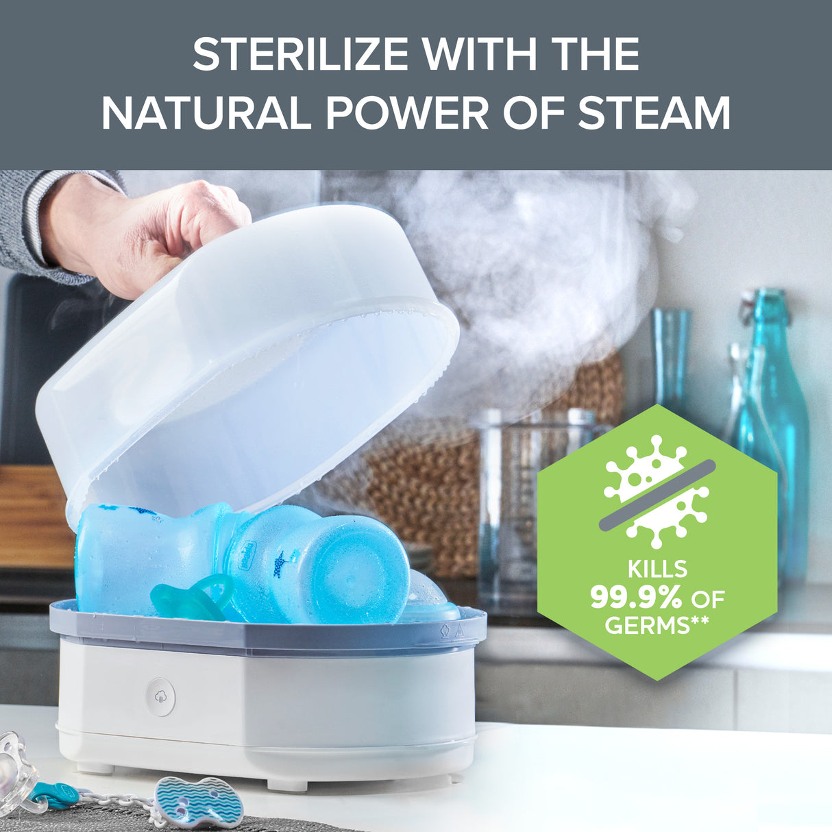 Sterilizer with text 'Sterilize with the natural power of steam' and a green hexagon badge.