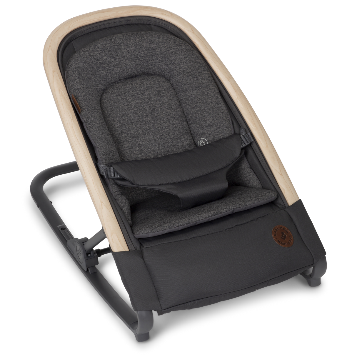 Baby bouncer with dark gray seat and beige frame on a white background