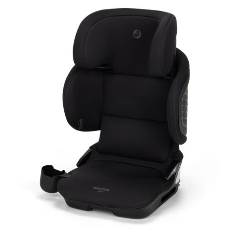 Black car seat with harness on a white background
