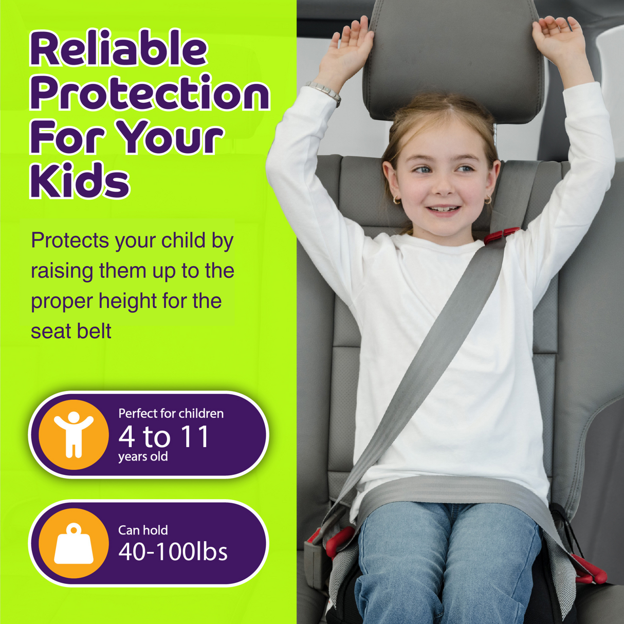 Child safety seat with text highlighting features and benefits on a green background