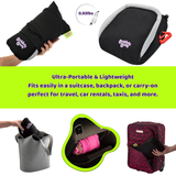 Black travel pillow with carrying strap, shown in various contexts with text highlighting its portability and features.