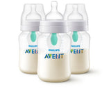 Philips Avent anti-colic baby bottles with AirFree vent system, BPA-free feeding bottles designed to reduce gas, reflux, and colic for newborns and infants.