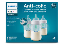Philips Avent Anti-Colic Baby Bottles with AirFree vent, 9oz triple pack, designed to reduce colic, gas, and reflux for newborn feeding comfort.