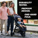 Family with a child in a stroller, with text highlighting durability and design features.