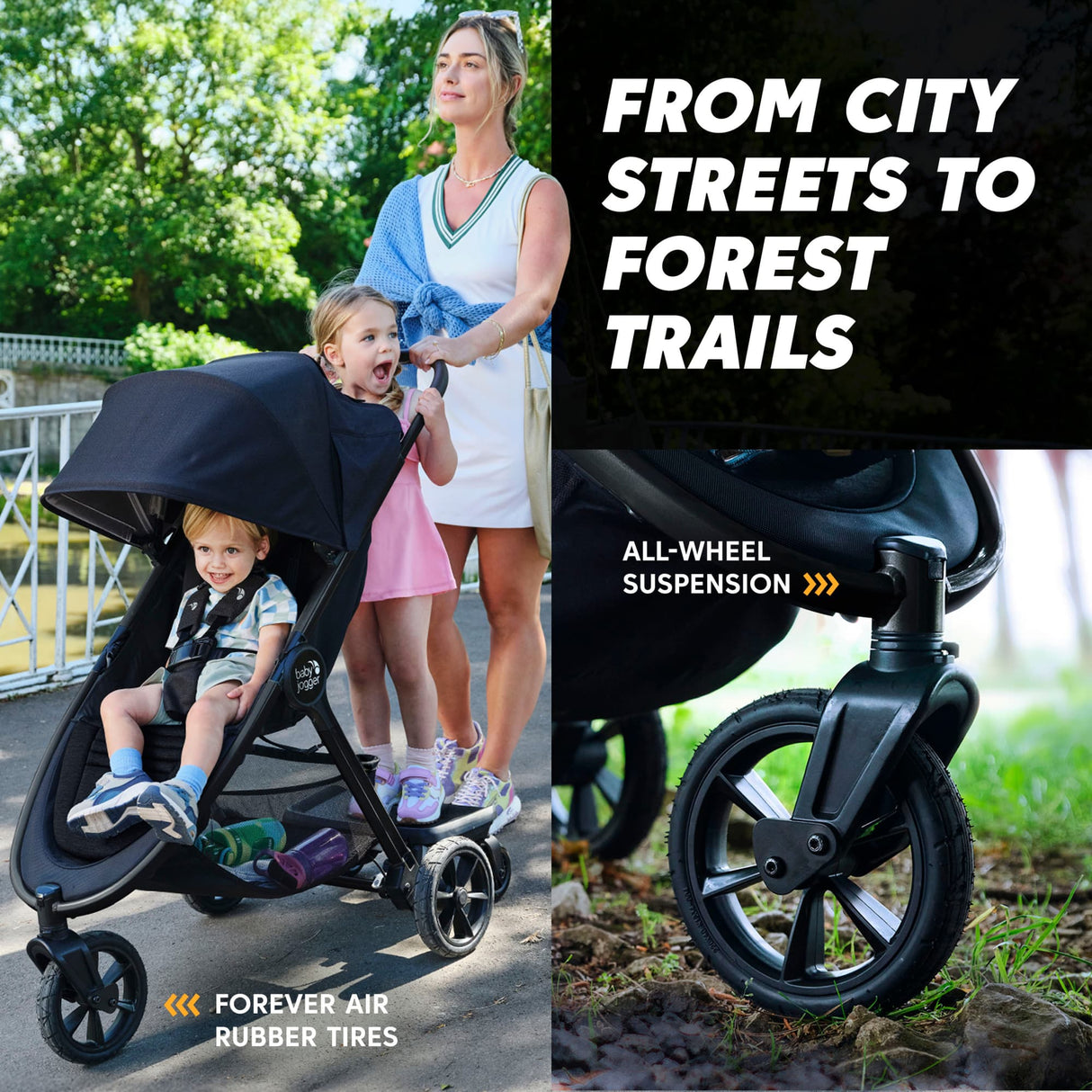 Stroller with a woman and two children outdoors, highlighting features like all-wheel suspension and air tires.