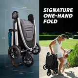 Baby stroller with one-hand fold feature, measurements, and a woman pushing it outdoors.