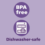 BPA free and dishwasher-safe labels on a purple background