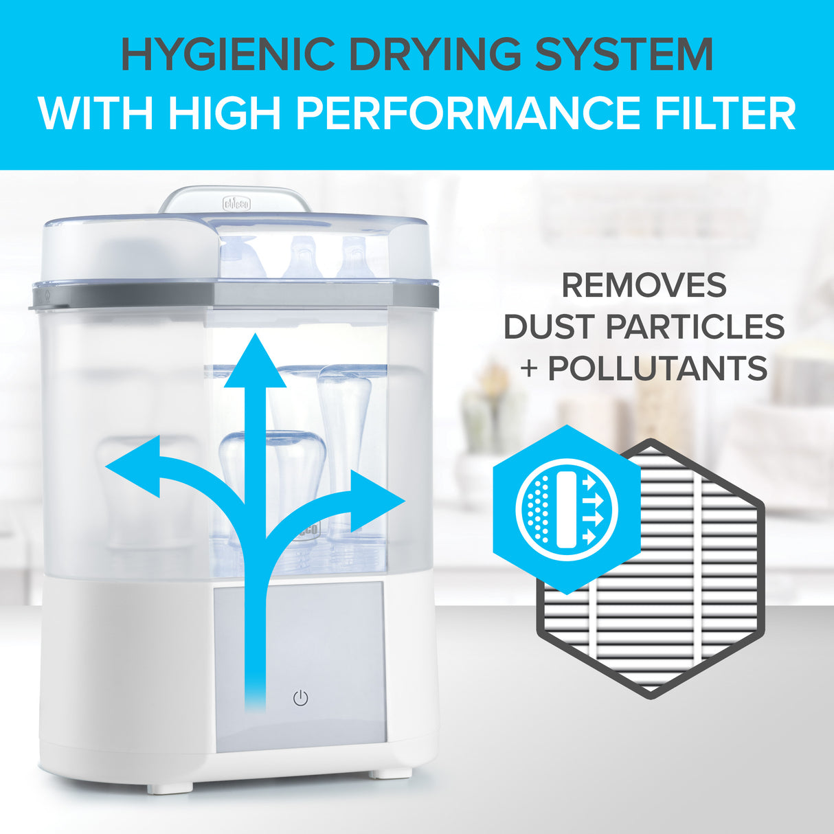 Hygienic drying system with high performance filter on a white background
