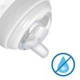 Clear baby bottle nipple with a blue droplet icon indicating water resistance on a white background